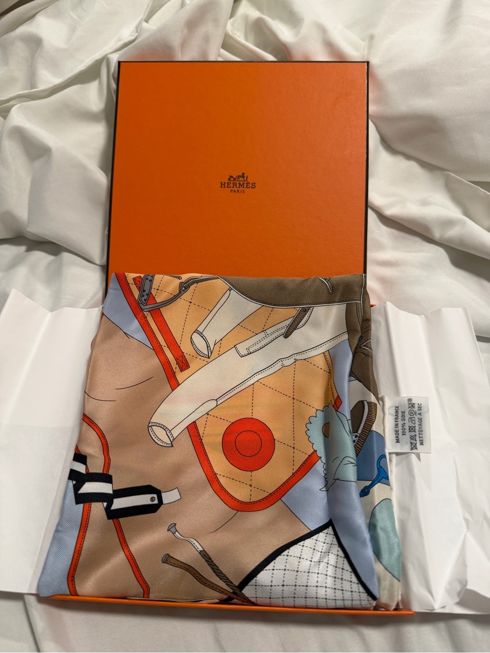 Hermes Equestrian Silk Scarf in Blue, Tan & Orange